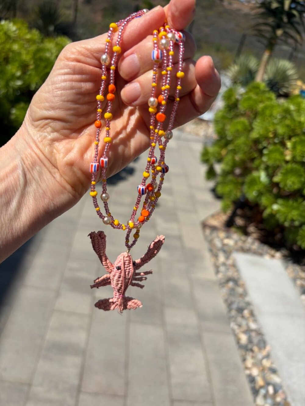 Adorable woven lobster pendant on colorful beaded necklace, 36" - Picture 6 of 7